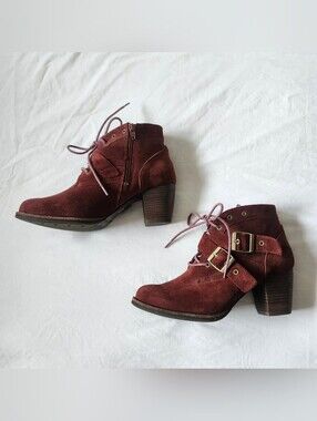 Caterpillar Burgundy Suede Lace-Up Ankle Booties with Buckle